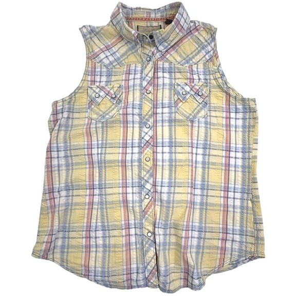Legacy Falls Western Pearl Snap Pastel Plaid Seersucker Sleeveless Shirt Rodeo M - Picture 1 of 14